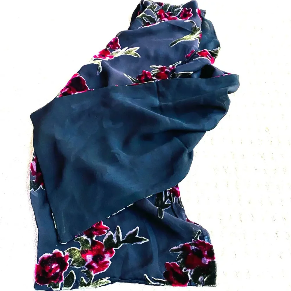 Elaine Gold silk & velvet burnout long scarf 2-side dramatic black & red roses